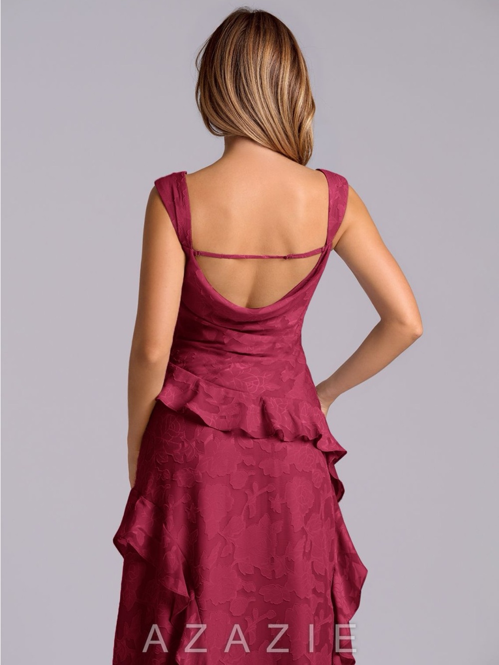 Azazie Sloane Floral Burnout Women's Burgundy Ruffled Evening Gown - Picture 4 of 5